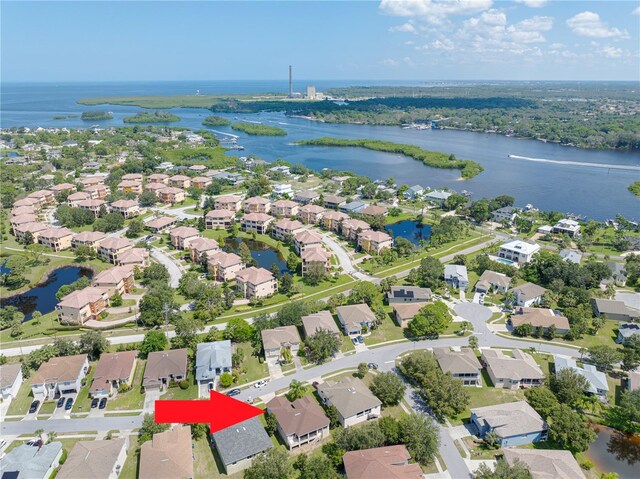 aerial view featuring a water view