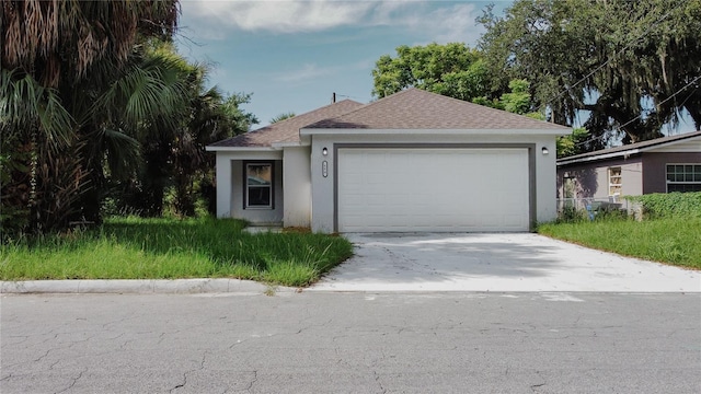 ranch-style home with stucco siding, an attached garage, concrete driveway, and a shingled roof