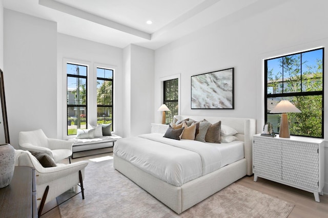 bedroom featuring light wood-type flooring and a tray ceiling