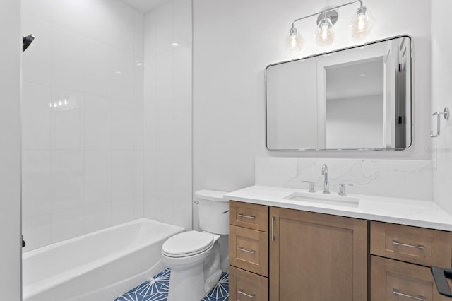 full bathroom with tiled shower / bath combo, vanity, tile patterned flooring, and toilet