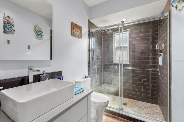 bathroom featuring a shower with shower door, vanity, and toilet