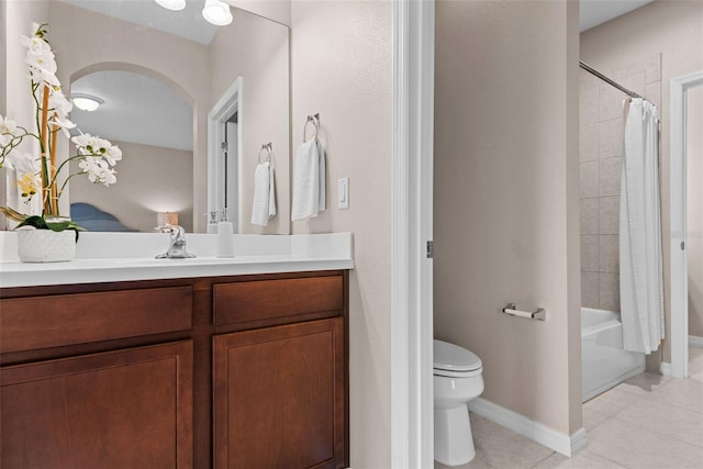 full bathroom with shower / bathtub combination with curtain, vanity, toilet, and tile patterned floors