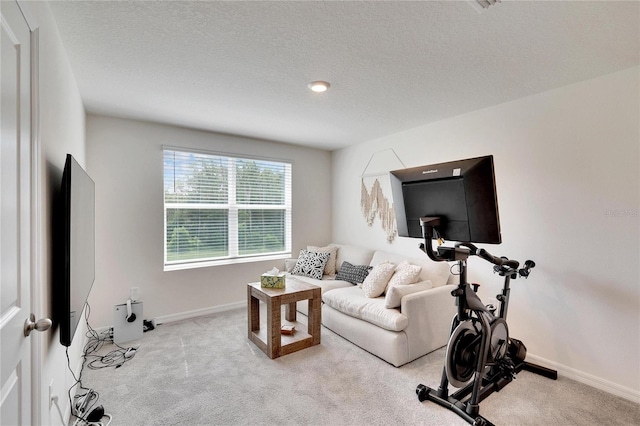 exercise room featuring light carpet and a textured ceiling