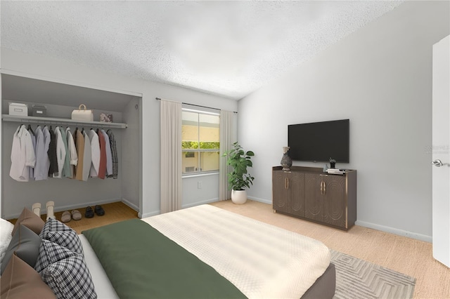 carpeted bedroom with a textured ceiling, a closet, and lofted ceiling