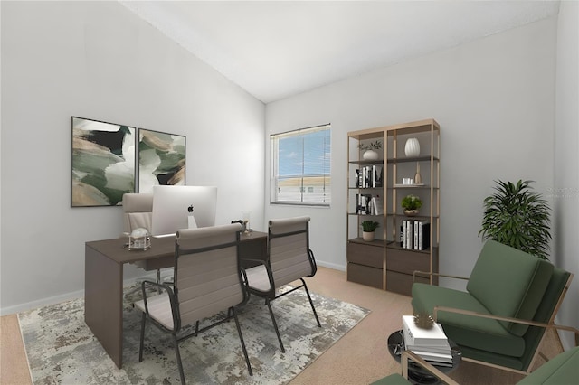 home office featuring lofted ceiling and light colored carpet