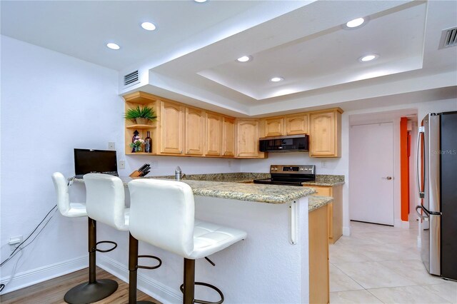 kitchen featuring a raised ceiling, light stone counters, a kitchen breakfast bar, and stainless steel appliances