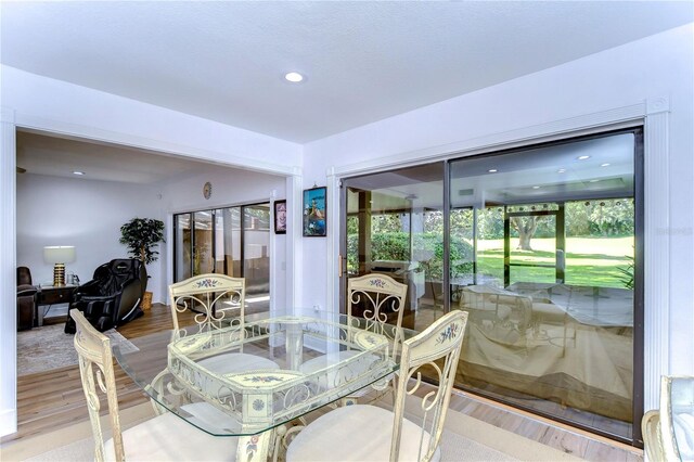 dining space with light hardwood / wood-style flooring and a healthy amount of sunlight