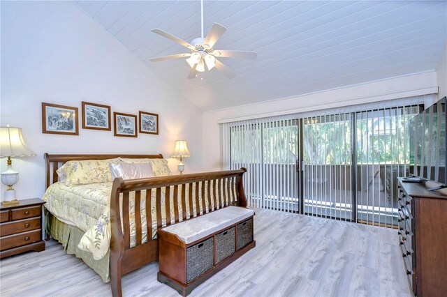 bedroom featuring ceiling fan, access to outside, light hardwood / wood-style flooring, and high vaulted ceiling