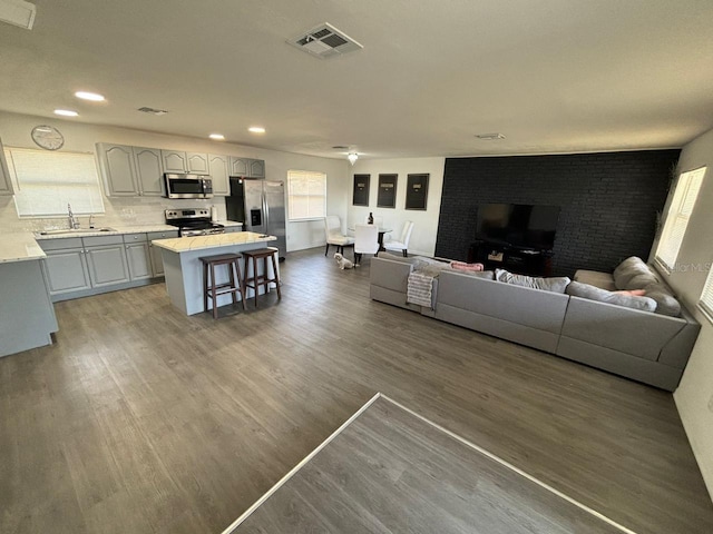 living room with sink and dark hardwood / wood-style flooring