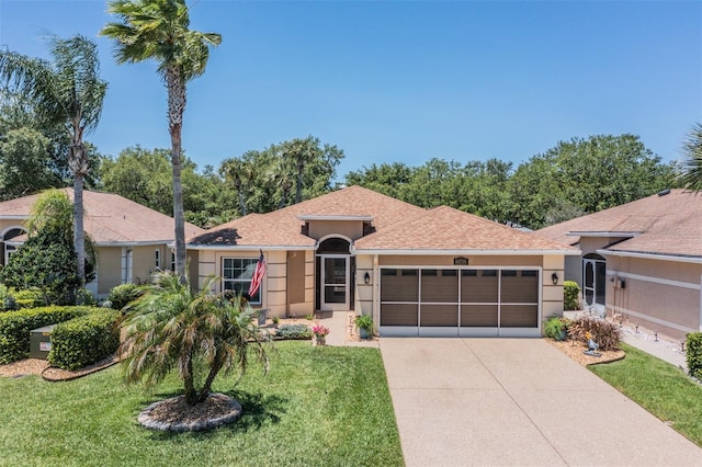 ranch-style home with a front lawn and a garage