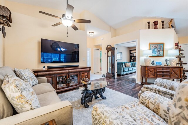 living room with high vaulted ceiling, ceiling fan, and wood-type flooring