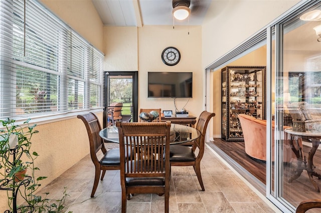 dining space featuring ceiling fan and wood-type flooring