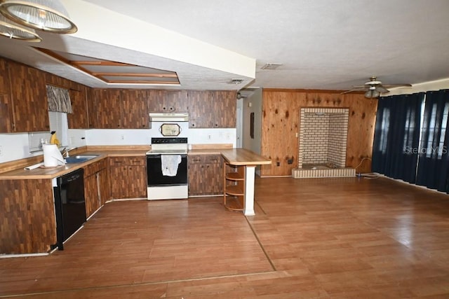 kitchen with white electric range, sink, black dishwasher, dark hardwood / wood-style flooring, and ceiling fan