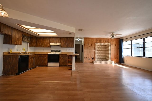 kitchen with range with electric cooktop, under cabinet range hood, dishwasher, light wood-style floors, and a sink