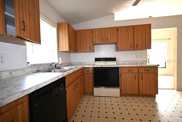 kitchen featuring electric stove, a sink, light countertops, lofted ceiling, and dishwasher