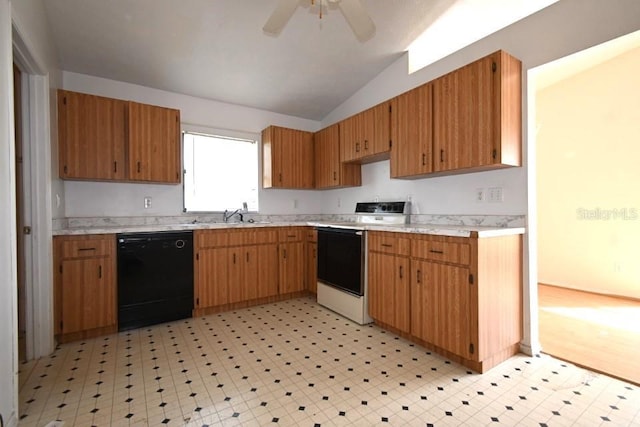 kitchen with white range with electric cooktop, light floors, light countertops, black dishwasher, and a ceiling fan