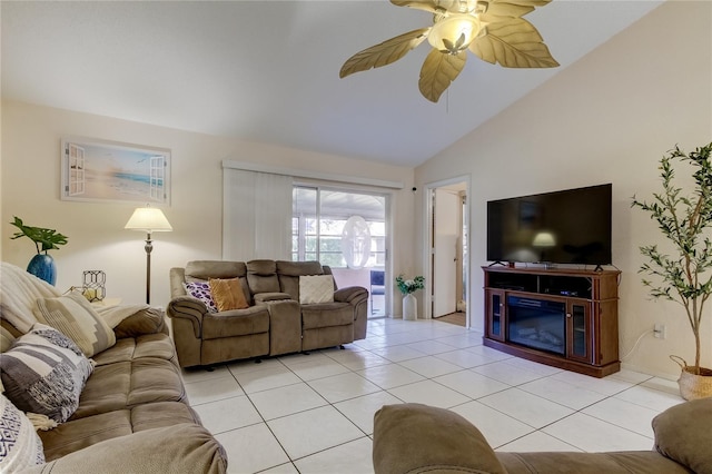 living room with light tile patterned floors, high vaulted ceiling, and ceiling fan