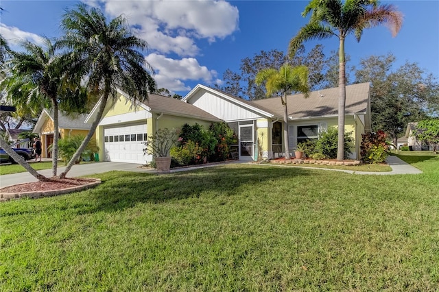 single story home with a front yard and a garage