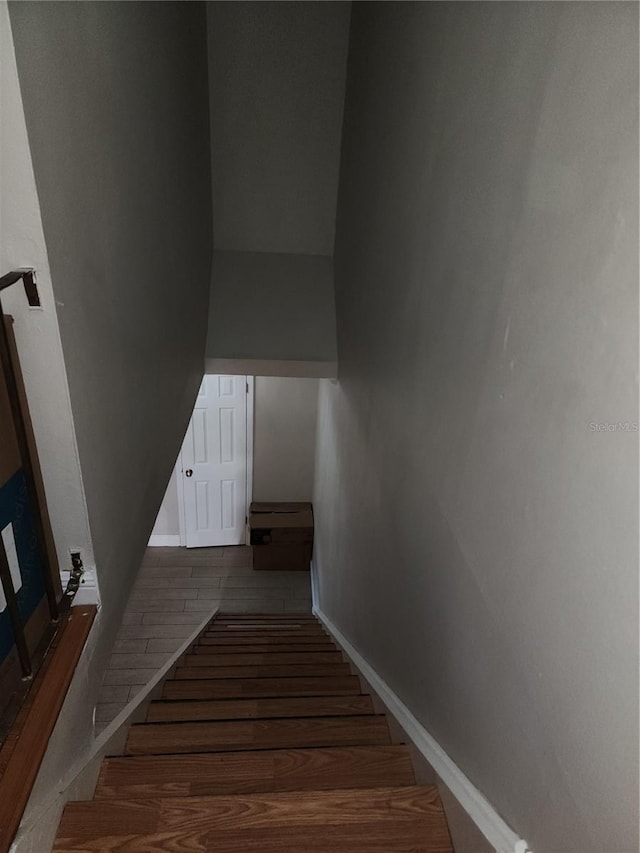 stairway featuring wood-type flooring