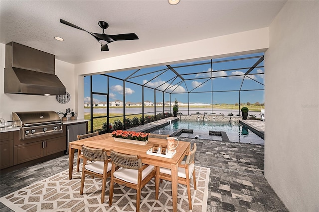 interior space with a textured ceiling and ceiling fan