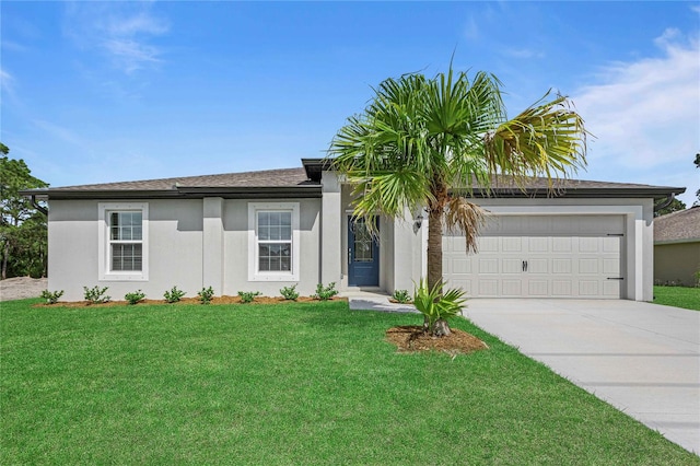 ranch-style home with a garage and a front yard