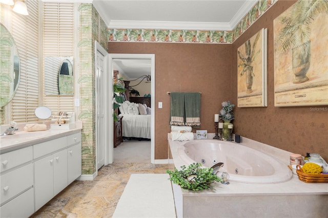 bathroom featuring vanity, a relaxing tiled tub, and ornamental molding