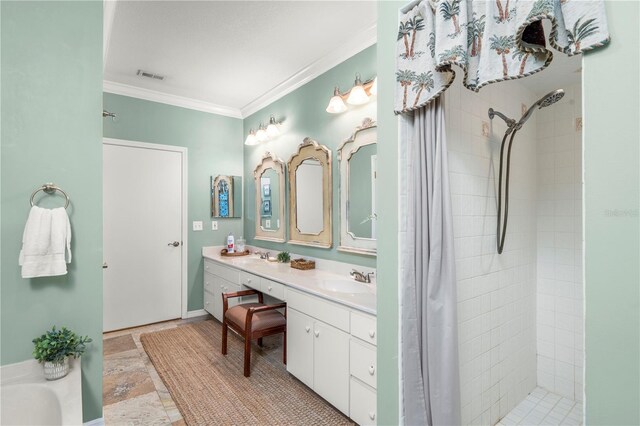 bathroom with a shower with curtain, crown molding, and vanity