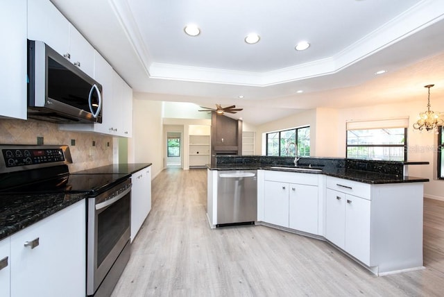 kitchen featuring white cabinetry, a tray ceiling, ceiling fan with notable chandelier, appliances with stainless steel finishes, and light hardwood / wood-style flooring