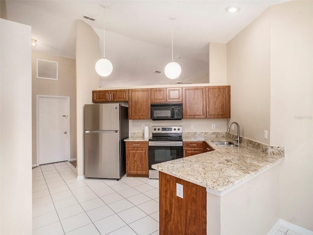 kitchen with sink, appliances with stainless steel finishes, light tile patterned floors, and high vaulted ceiling