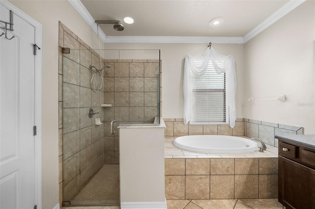 bathroom featuring tile patterned flooring, shower with separate bathtub, vanity, and ornamental molding