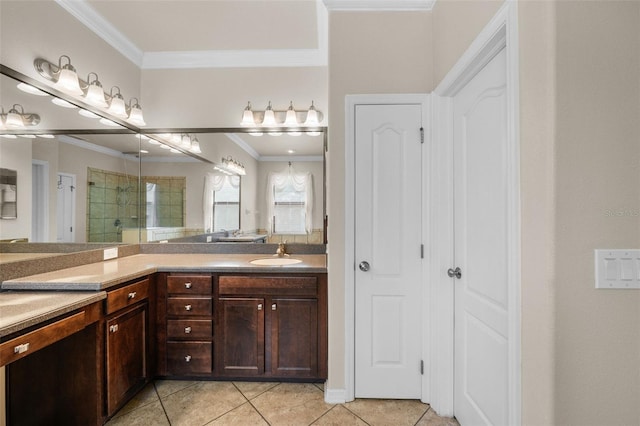 bathroom featuring tile patterned floors, crown molding, and dual bowl vanity