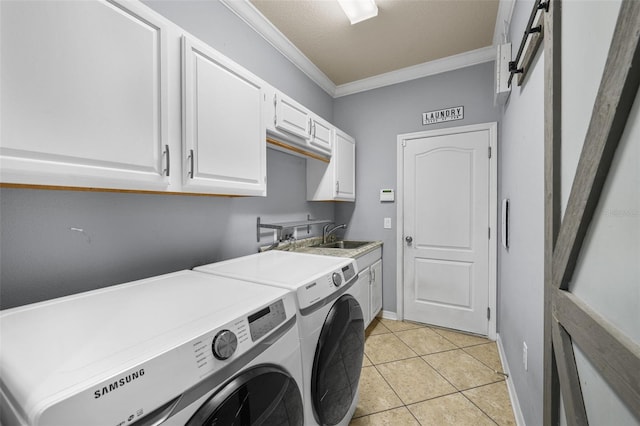 laundry room with sink, cabinets, light tile patterned floors, independent washer and dryer, and ornamental molding