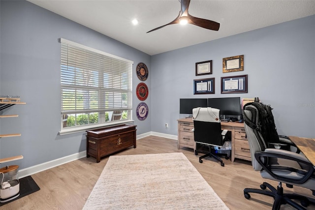 home office featuring ceiling fan and light wood-type flooring