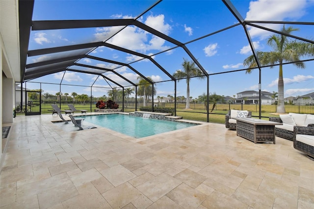 view of pool with pool water feature, a jacuzzi, a patio area, glass enclosure, and an outdoor living space