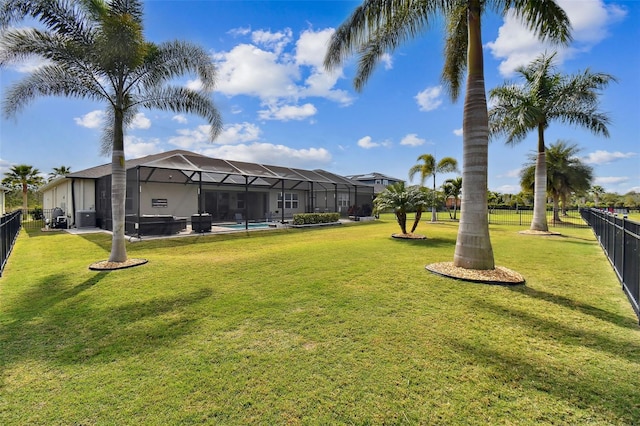 view of yard featuring a fenced in pool, central air condition unit, and glass enclosure