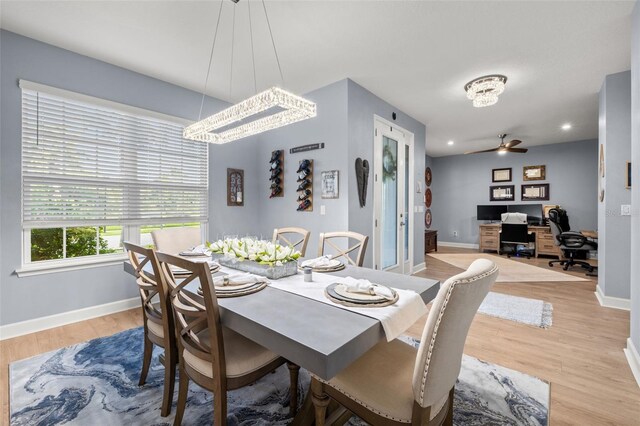 dining space featuring ceiling fan and light hardwood / wood-style floors