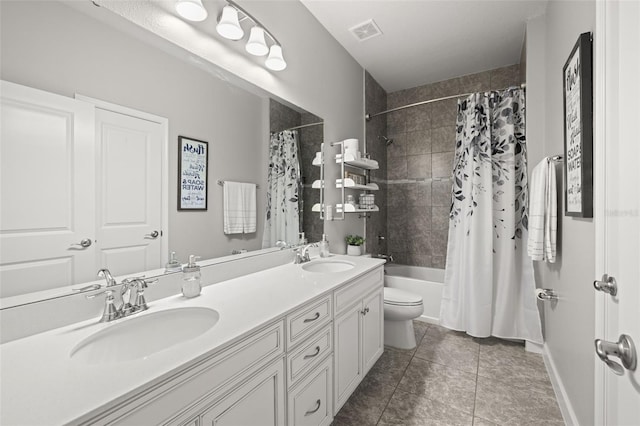 full bathroom featuring tile patterned flooring, vanity, shower / bathtub combination with curtain, and toilet