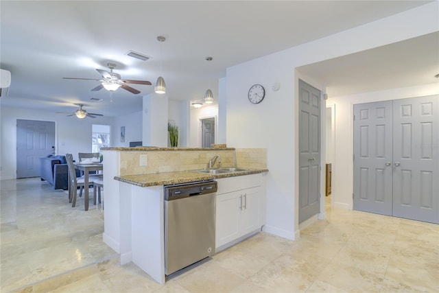 kitchen featuring stainless steel dishwasher, ceiling fan, hanging light fixtures, white cabinets, and decorative backsplash