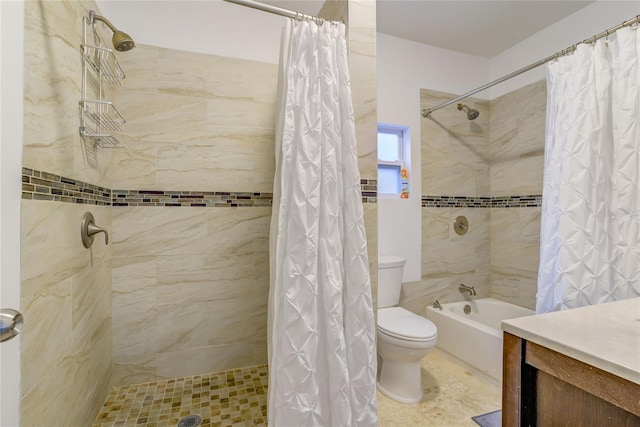 full bathroom with vanity, toilet, and shower / bath combination with curtain