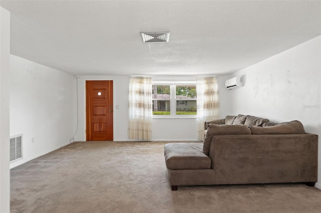 7015 Flaggler Dr, Port Richey, FL 34668 - living area with a wall mounted AC, a textured ceiling, visible vents, and carpet floors