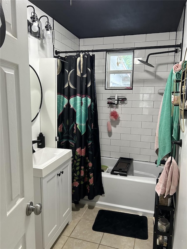 bathroom featuring vanity, tile patterned floors, and shower / bath combination with curtain