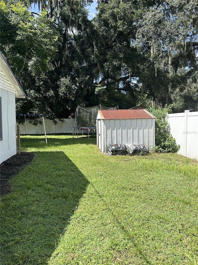 view of yard with a storage shed and a trampoline