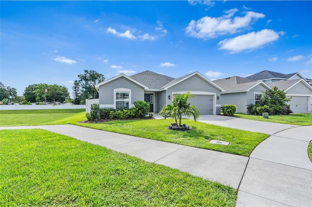 ranch-style home featuring a garage and a front lawn