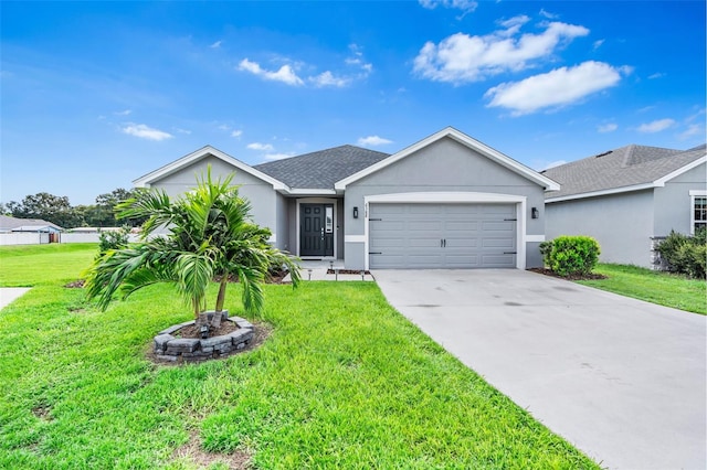 single story home with a garage and a front lawn