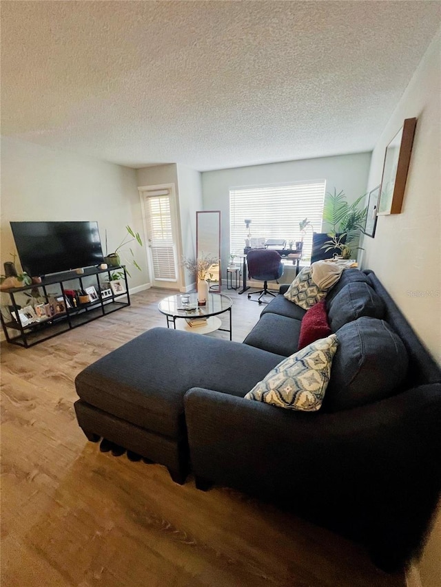 living room with a wealth of natural light, light hardwood / wood-style floors, and a textured ceiling