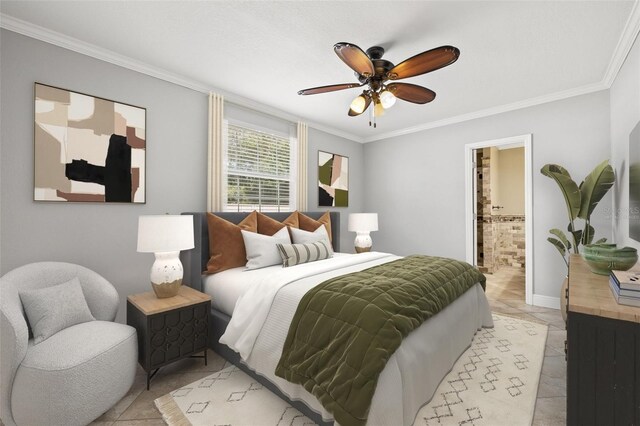 bedroom featuring light tile patterned floors, ornamental molding, a ceiling fan, and ensuite bathroom