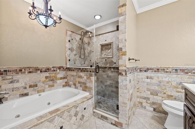 bathroom featuring toilet, ornamental molding, a whirlpool tub, vanity, and a shower stall