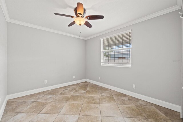 unfurnished room featuring crown molding, ceiling fan, and baseboards