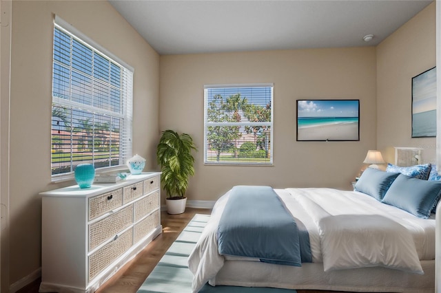 bedroom with multiple windows and hardwood / wood-style flooring