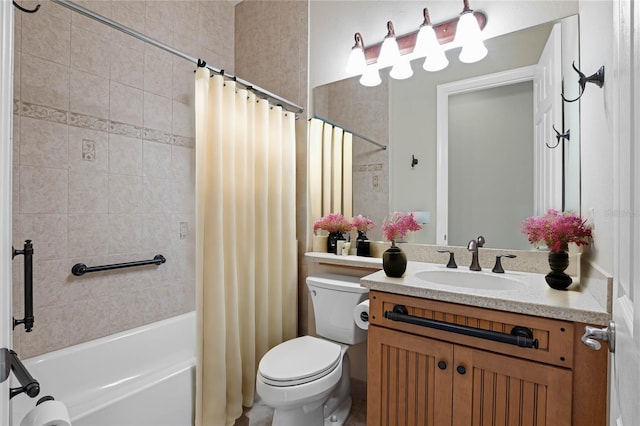 full bathroom with vanity, toilet, and shower / bathtub combination with curtain